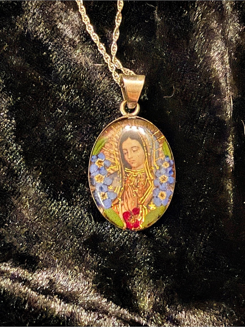 Sterling Silver Virgin Mary with Dried Flowers Necklace
